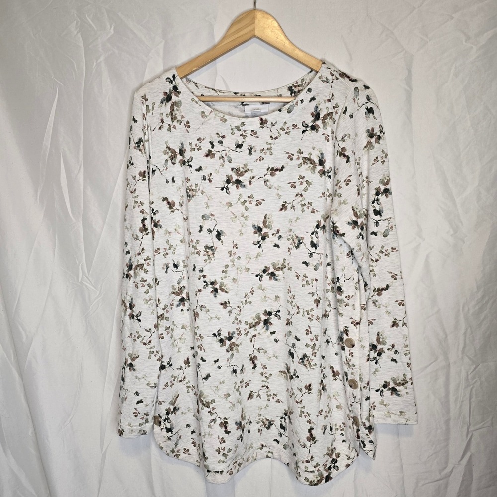 J. Jill Floral Side-Button Tunic Top Women Large Cream Viscose Blend Cottagecore